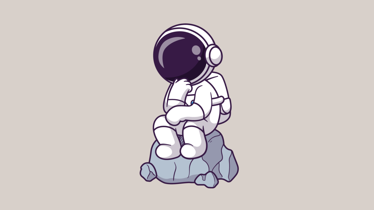 cute astronaut thinking rock cartoon